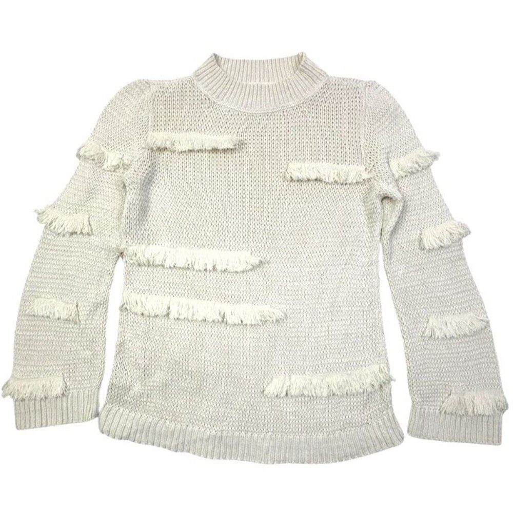 LOFT Fringe Accent Sweater Ivory Cotton Mock Neck Textured Knit Boho S